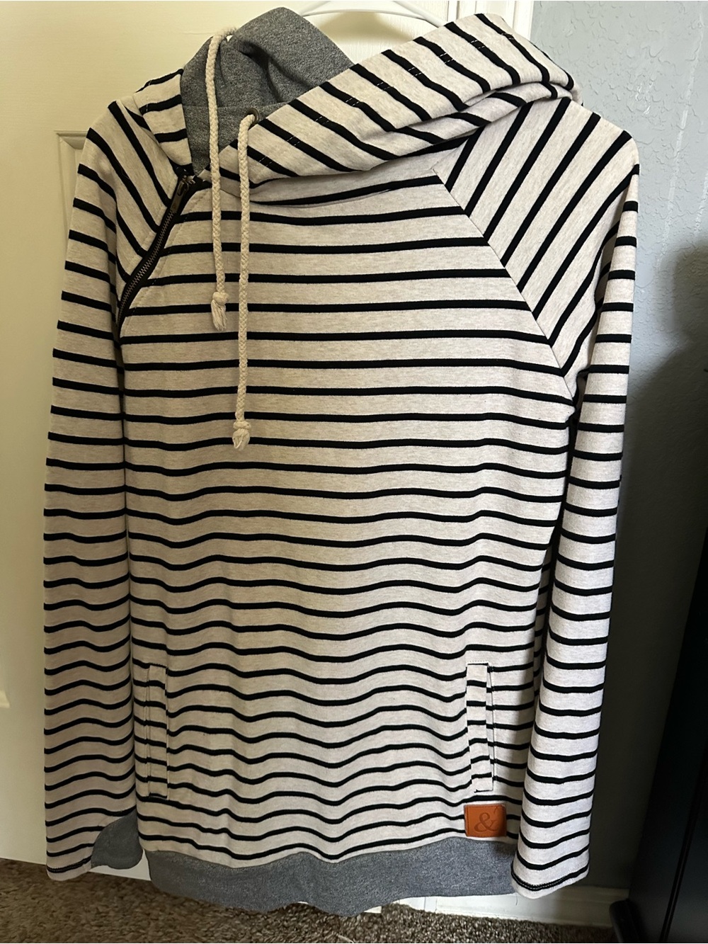 Ampersand & Striped Hooded Pullover Sweatshirt - Cream & Black Hoodie